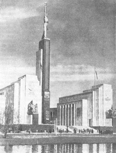 Советский павильон на Международной выставке в Нью-Йорке, Архитекторы Б. Иофан, К. Алабян, скульптор В. Андреев. 1939 г. Общий вид