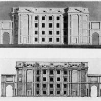 Модель утвержденного проекта школы и эскиз переработки фасада в 1946 г.