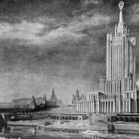 Вид на здание в Зарядье с противоположного берега Москвы-реки. Эскиз