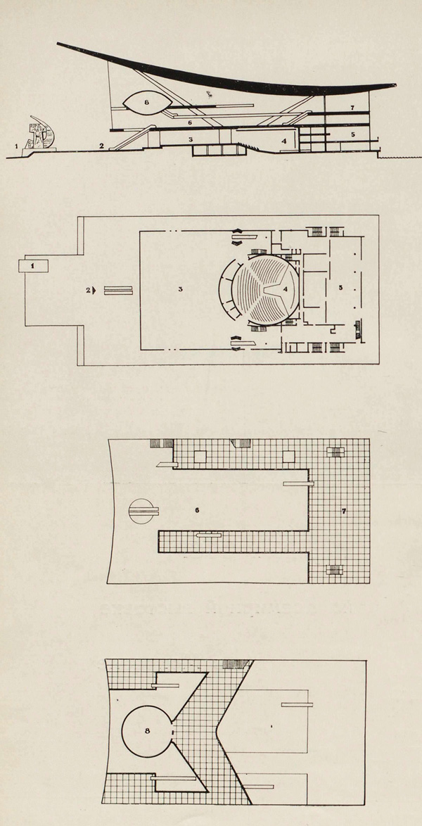 Павильон СССР на Всемирной выставке в Монреале 1967. Разрез павильона, план 1-го этажа, планы 1-го и 2-го антресольных этажей