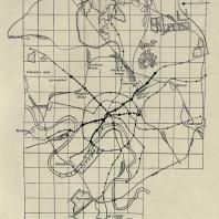Схема линий московского метрополитена к 1937 году. Утверждена в 1932 г. (план № 3). Первая очередь обозначена сплошной жирной чертой; первая часть второй очереди - жирным пунктиром
