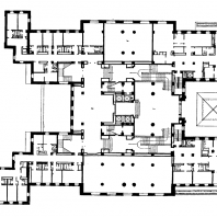 Гостиница «Ленинградская» на Комсомольской площади. План антресольного этажа: 1 — второй свет, 2 — центральная гостиная
