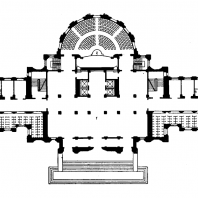 Административное здание у Красных ворот. План 1-го этажа: 1 — главный вестибюль; 2 — зал собраний; 3 — боковой, вестибюль