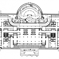 Административное здание на Смоленской площади. План цокольного этажа: 1 — нижний вестибюль; 2 — гардероб
