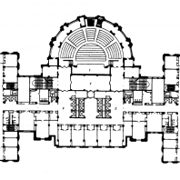 Административное здание на Смоленской площади. План 2-го этажа: 1 — зал собраний; 2 - фойе; 3 — холл