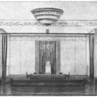 Перспективный вид зала собраний в сторону эстрады в здании на Смоленской площади. Эскиз