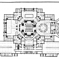 Административное здание в Зарядье. План 2-го подвального этажа: 1 — автостоянка; 2 — книгохранилище; 3 — хозяйственный двор
